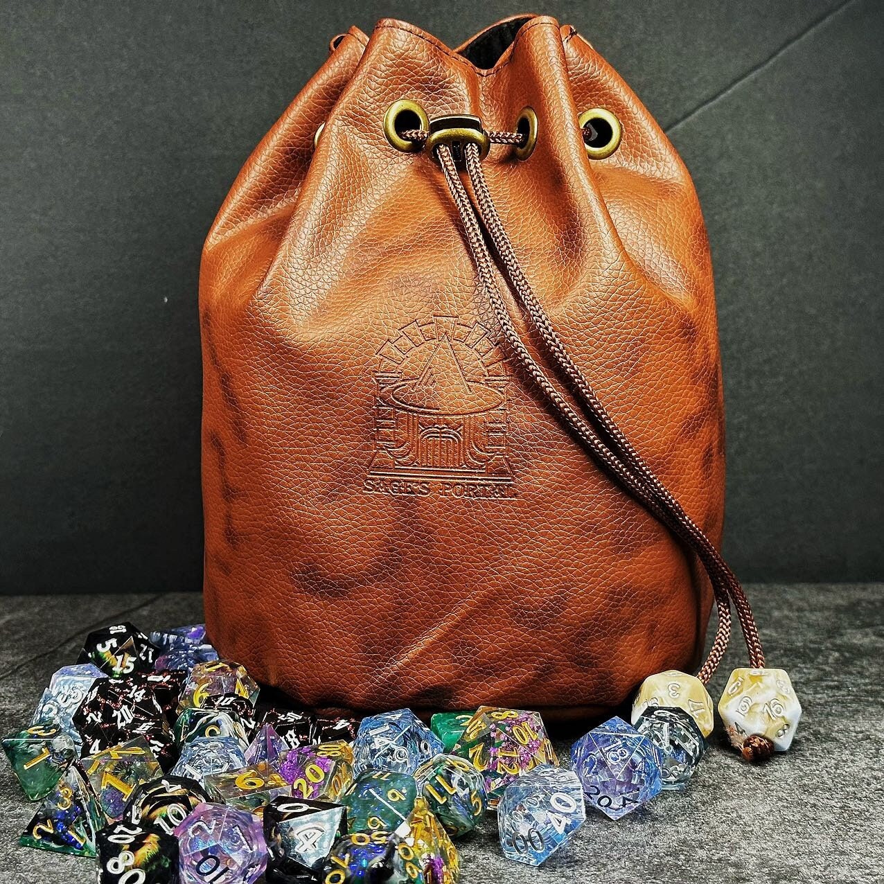 Medieval Leather Drawstring Pouch - Dice Bag with Lion Head Design