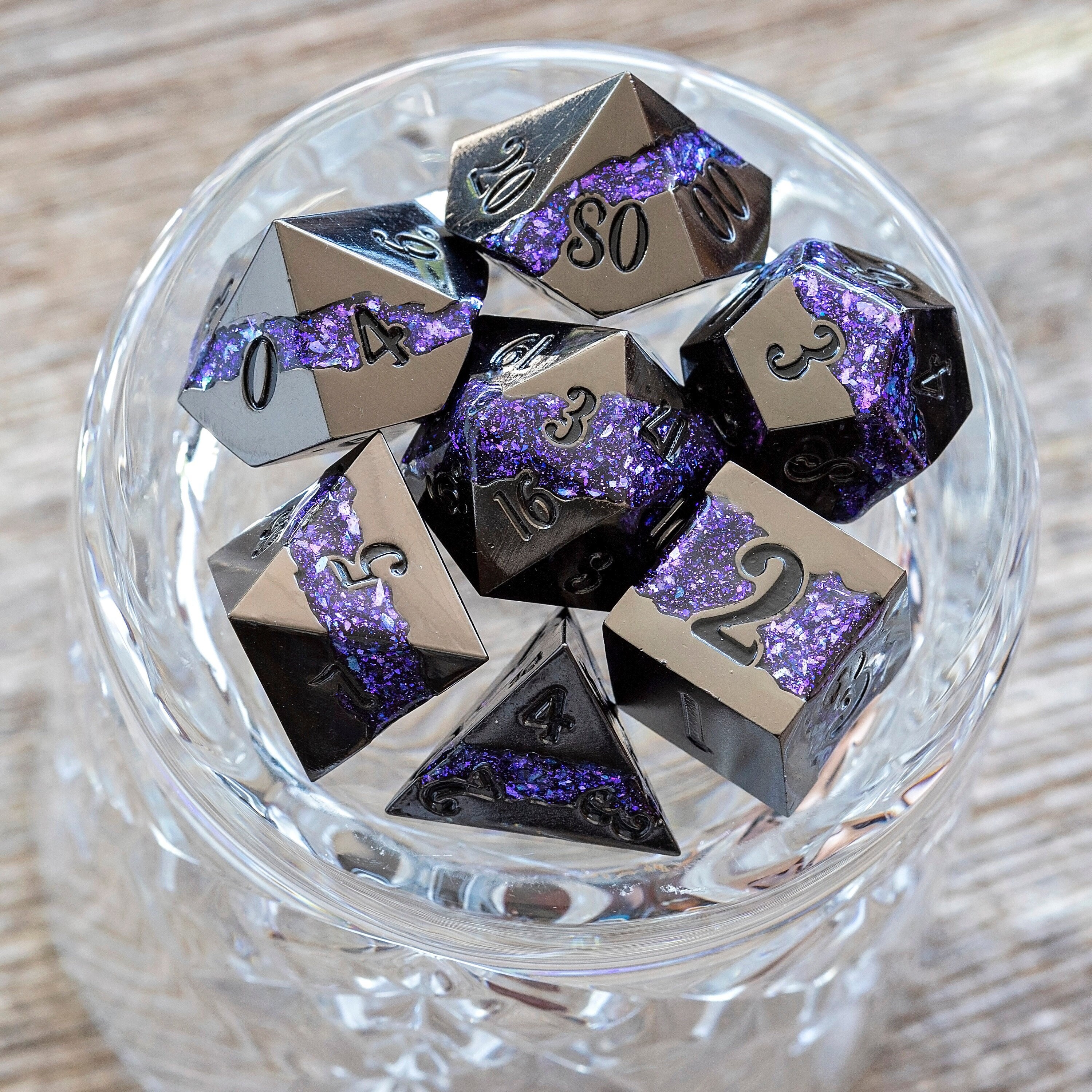 Sage’s Rift Stones Gloss Black/Purple Metal Dice Set – Unique DND Dice with Purple Glitter – Polyhedral Dice Set for Dungeons and Dragons