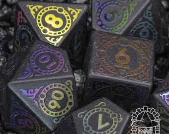 Sage’s Glyphed Matte Black Gemstone Polyhedral Dice Set | Dungeons Dragons DnD Pathfinder RPG TTRPG D&D