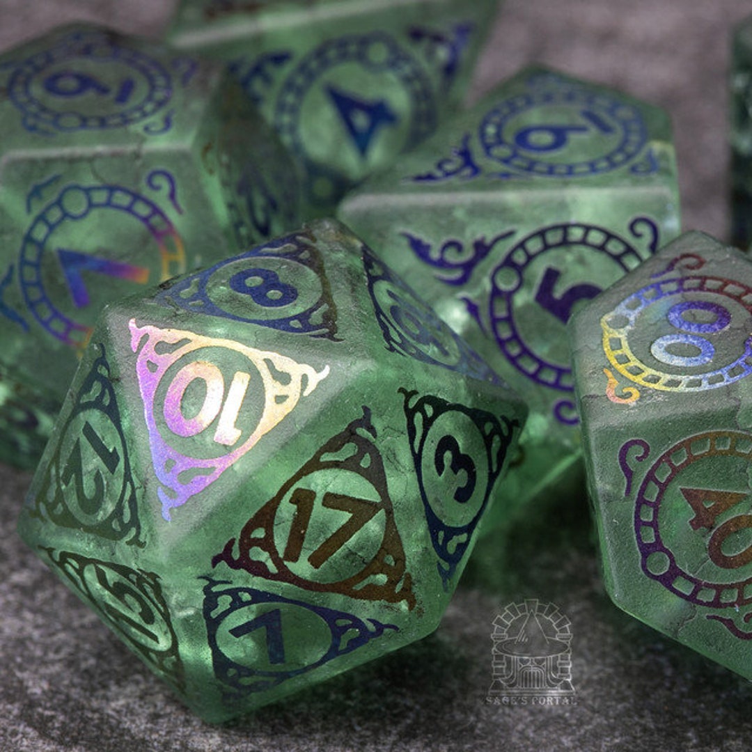 Sages Glyphed Green Cracked Glass Gemstone Polyhedral Dice Set Dungeons