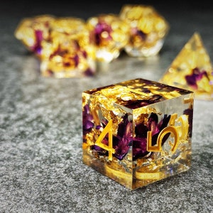 Sage's Enchanted Flower Purple/Gold Ink Sharp Edge Resin Polyhedral Dice Set