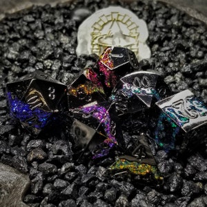 Sage’s Rift Stones – Gloss Black/Rainbow Metal Polyhedral Dice Set | Dungeons Dragons DnD Pathfinder RPG TTRPG