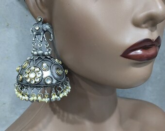 Oxidized handmade German silver black polish fat jumkas weightless jumkas earrings kundan jumkas