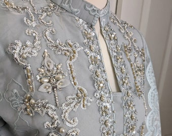 Exclusive pakistani designer wear salwar suit 3 piece stitched readymade ready to wear salwar suit light grey handwork pearl suit