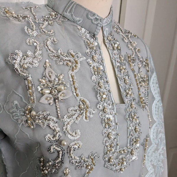 Exclusive pakistani designer wear salwar suit 3 piece stitched readymade ready to wear salwar suit light grey handwork pearl suit