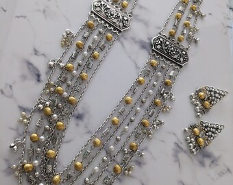Oxidized dual tone silver replica long necklace earrings set