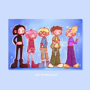 May include: Illustration of five cartoon figures with varying hair colors and outfits, standing against a blue background. The figures include a person with black hair and a crop top, a person with pink hair in a hoodie, a person with glasses, and two other figures. The text "ART BY PAULA LM" is at the bottom.