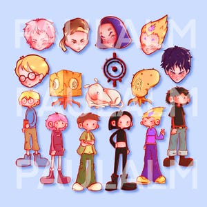 May include: A collection of cartoon character illustrations with various hairstyles and outfits. The characters are depicted in a variety of poses and expressions, with a light blue background. The artwork has a whimsical and playful style.