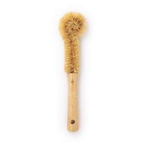 May include: A brown, wooden-handled brush with natural bristles. The brush has a curved head and is designed for cleaning bottles.