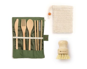 Eco-Friendly Cleaning and Dining Set | Sustainable Brush, Cutlery & Soap Bag Bundle