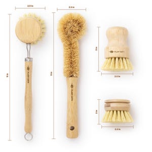 Get our eco-friendly brushes: (+ REFILL) Long Handle Refillable Bamboo Sisal Brush - 9’’x 2.4’’x 2’’, a Bamboo Scrub Brush - 9’’x 2.4’’x 1’’, & Short Round Bamboo Sisal Handy Brush - 3’’x 2.4’’x 2.4’’.