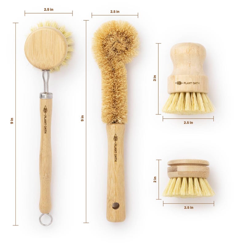 Get our eco-friendly brushes: (+ REFILL) Long Handle Refillable Bamboo Sisal Brush - 9’’x 2.4’’x 2’’, a Bamboo Scrub Brush - 9’’x 2.4’’x 1’’, & Short Round Bamboo Sisal Handy Brush - 3’’x 2.4’’x 2.4’’.