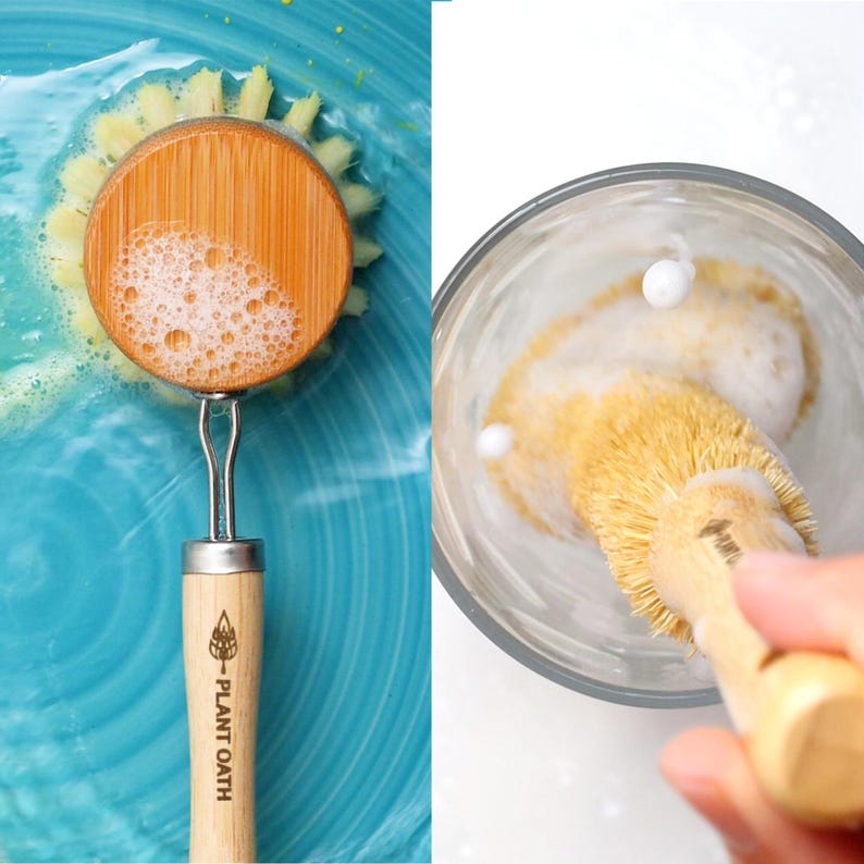 Introducing our Bamboo Dish Cleaning Set: comprehensive and sustainable. Includes a replaceable brush with an extra head for uninterrupted cleaning. Plus, a robust bamboo scrub brush and a handy brush for quick tasks.