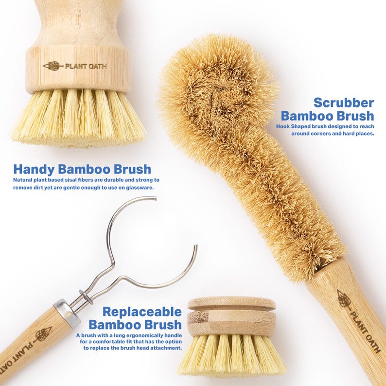 Introducing our Bamboo Dish Cleaning Set: comprehensive and sustainable. Includes a replaceable brush with an extra head for uninterrupted cleaning. Plus, a robust bamboo scrub brush and a handy brush for quick tasks.