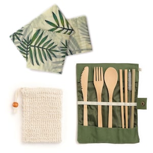 Eco-Friendly Beeswax Wrap, Soap Bag and 5-Piece Cutlery Set Bundle | Sustainable Kitchen and Bath Essentials