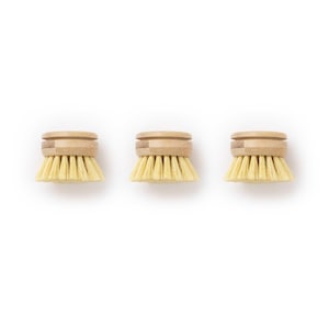 May include: Three natural bristle dish scrubbers with wooden handles. The scrubbers are round and have a light brown color.