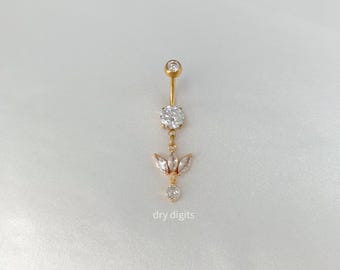 Flower Belly Button Rings, 14G Gold Belly Ring, Dainty Belly Ring, Titanium Belly Ring