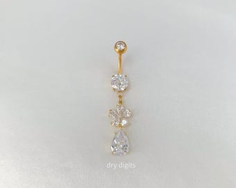 Flower Belly Button Rings, 14G Gold Belly Ring, Dainty Belly Ring, Titanium Belly Ring