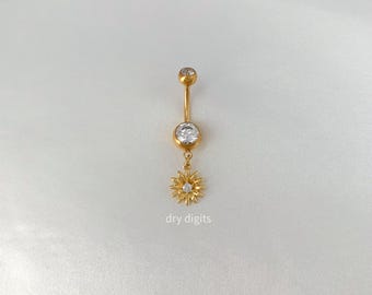 Flower Belly Button Rings, 14G Gold Belly Ring, Dainty Belly Ring, Titanium Belly Ring