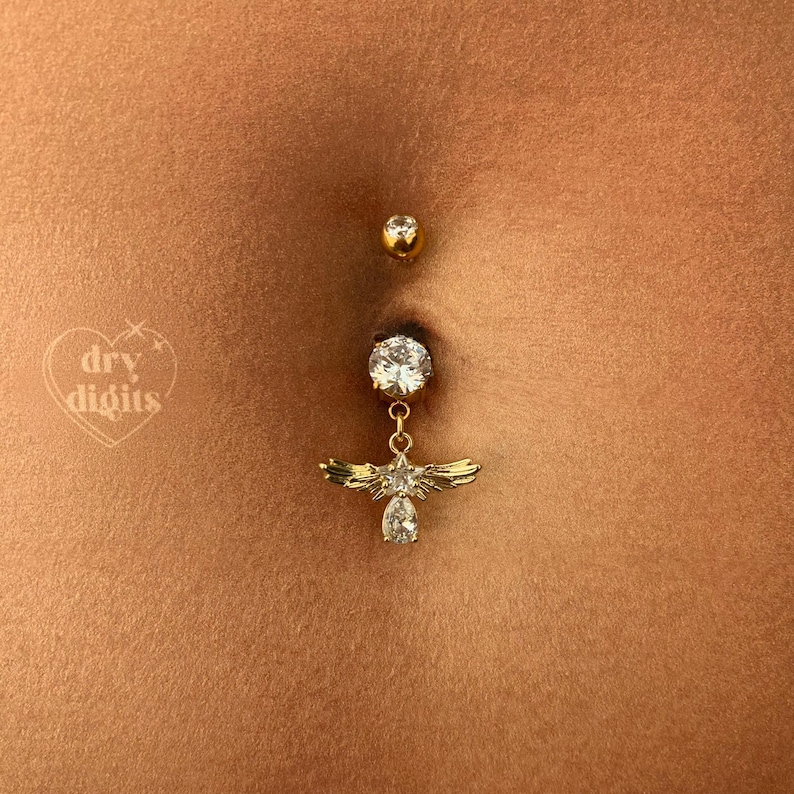 Piercing de umbigo com asas de anjo e estrelas, piercing de umbigo em ouro 14G, piercing de umbigo delicado, piercing de umbigo em titânio imagem 3