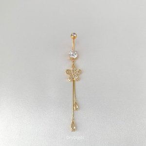 Cherry Blossom Belly Button Rings, 14G Gold Floral Belly Ring, Dainty Belly Ring, Flower Dangle Titanium Belly Ring