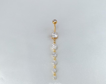 Long Dangle Belly Button Rings, Sparkling CZ Belly Button Rings, 14G Gold Belly Ring, Titanium Belly Ring