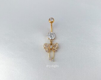 Anneau De Ventre Pendentif Papillon En Or 14 Carats 14G - Piercing Nombril, Interne Fileté, Hypoallergénique - 11