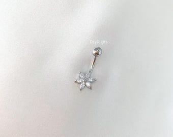 Flower Belly Button Rings, 14G Silver Belly Ring, Dainty Floral Belly Ring, Surgical Steel Belly Ring