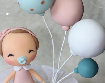 pink baby girl cake decoration in fondant or cold porcelain-5 balloon beads name-baby shower revelation-birthday party-custom cake topper
