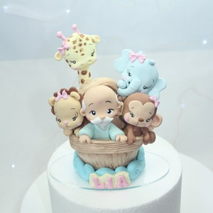 Noah&#39;s ark with animals, lion, giraffe, elephant and monkey for cake topper with candle and child&#39;s name in cold porcelain, Noah&#39;s ark party