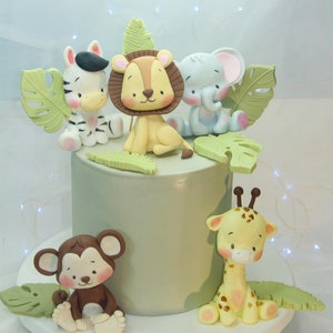 Baby-Safari-Kuchenaufsatz, Fondant mit Blättern, Bündel, niedliche Tiere, Dschungel, essbare Kuchendekorationen für Baby- und Kindergeburtstage