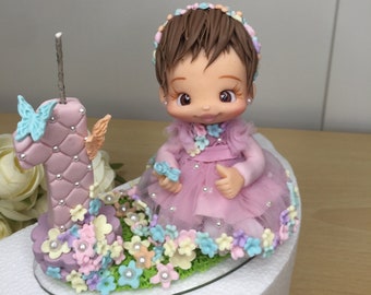 Enchanted garden flowers butterflies cake topper girl pink-decoration-candle-cold porcelain-figure personalized birthday-party.
