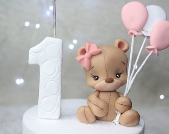 Pink bear bow with white and pink balloons 7cm fondant or cold porcelain cake topper