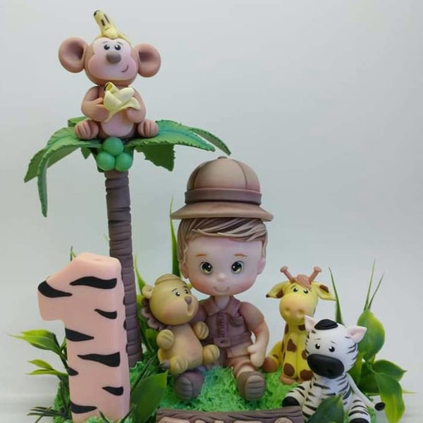 Baby Safari Cake Topper,boy safari outfit with candle and name,Cute Animals Jungle Edible Cake Decorations for Baby and Kids Birthday Party