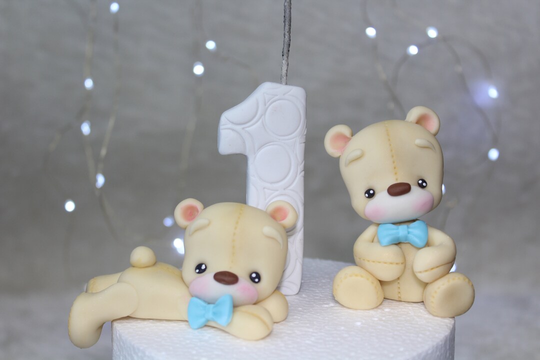 Beige Teddy Bear With Bow Tie Blue Size 9 Cm Fondant or Cold Porcelain ...