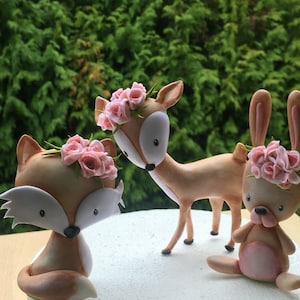 Figuras de fondant animales bosque ciervo conejo zorro en pasta de azúcar o porcelana fría, adorno para tarta o decoración fiesta infantil, baby shower.