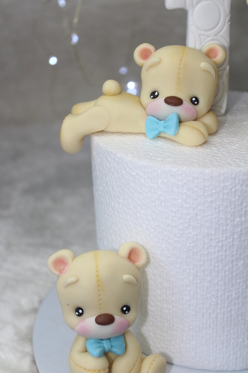 Beige Teddy Bear With Bow Tie Blue Size 9 Cm Fondant or Cold Porcelain ...