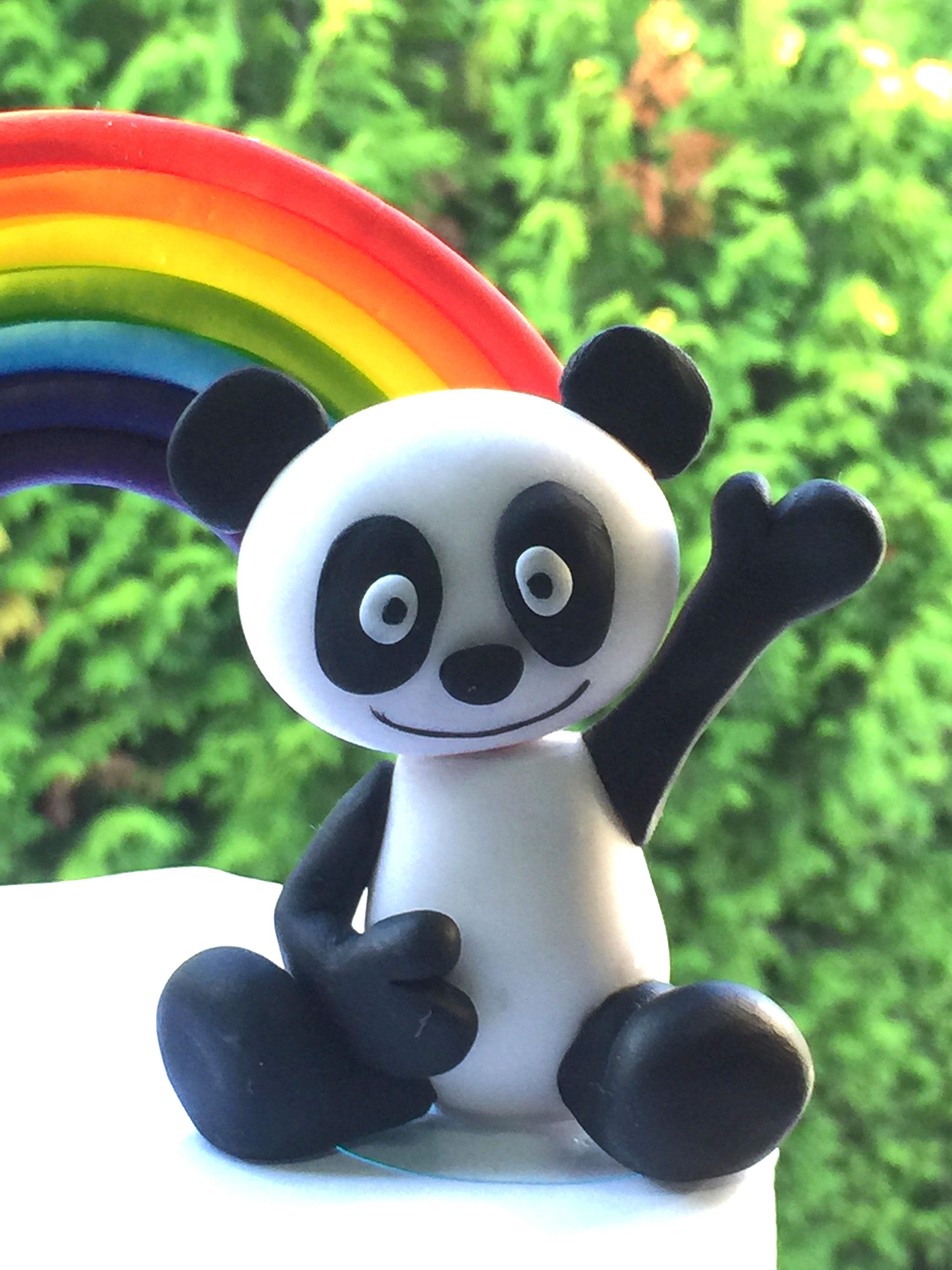 Panda figure with rainbow bear cake topper in fondant or cold porcelain.Children's parties,baby shower,decoration. figure cake design panda