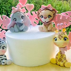 Pink safari cake topper, giraffe cake topper, cold porcelain cake topper, elephant cake topper, animals fondant, safari girl baby shower