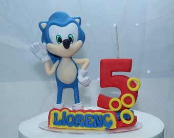 Topper de pastel erizo en pasta de azúcar, figura en porcelana fría con vela y nombre, juegos de cumpleañero, dibujos animados, inspirado en sonic