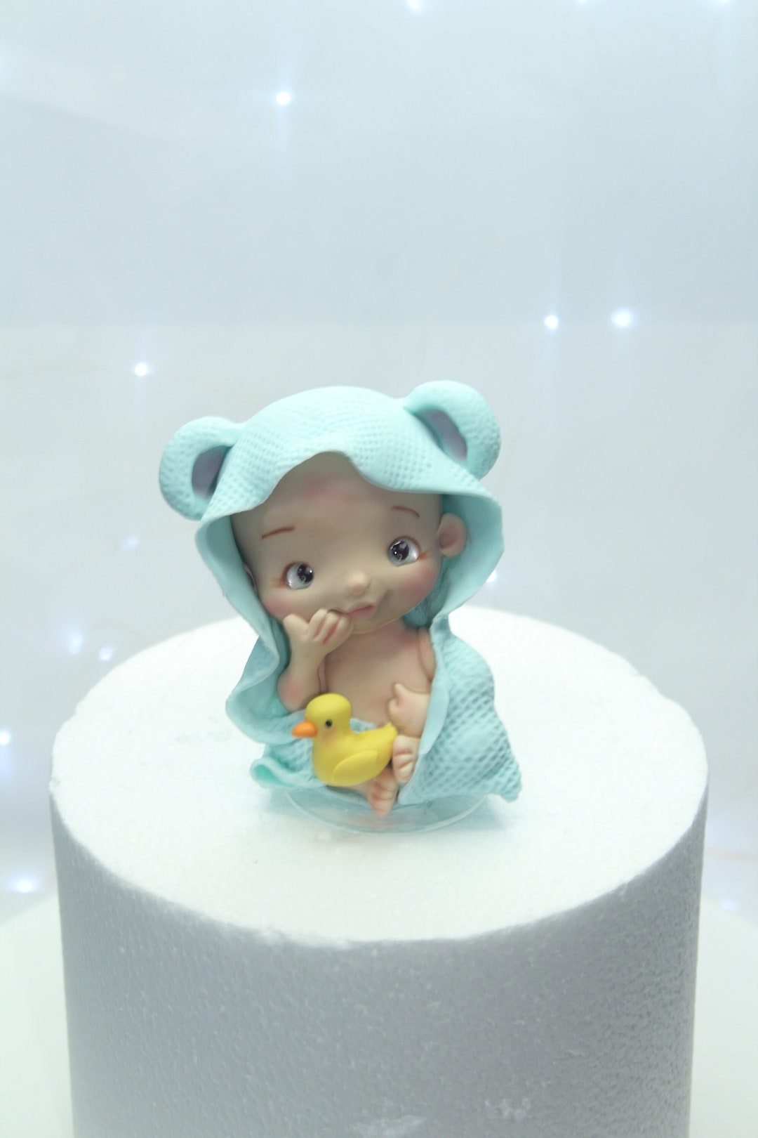Cute Boy Fondant Cake Topper With the Cute Blue Teddy Bear and Yellow
