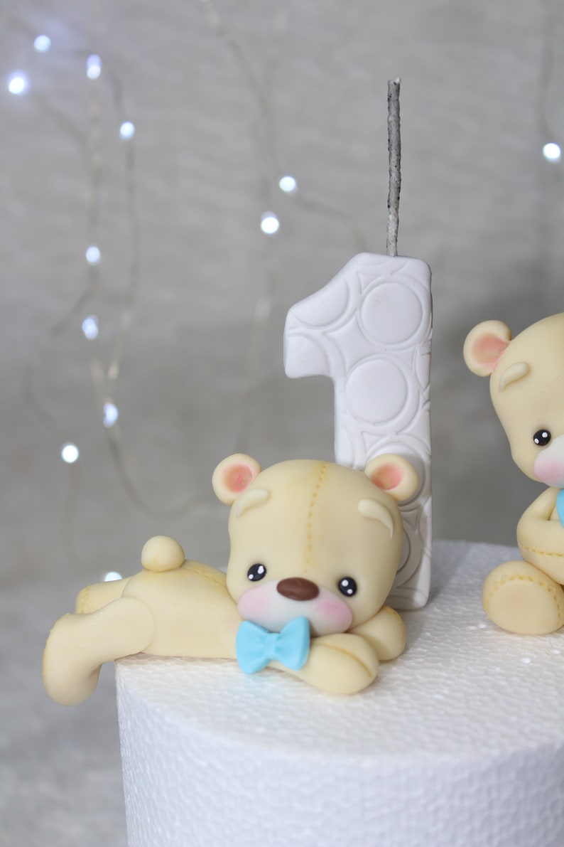 Beige Teddy Bear With Bow Tie Blue Size 9 Cm Fondant or Cold Porcelain ...