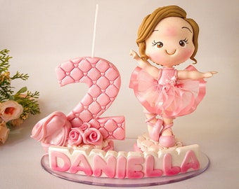 Ballerina in cold porcelain personalized cake topper with candle and child's name, dancer girl figure, ballet cake