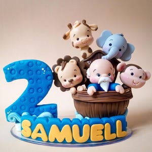 Noah&#39;s ark with animals, lion, giraffe, elephant and monkey for cake topper with candle and child&#39;s name in cold porcelain, Noah&#39;s ark party