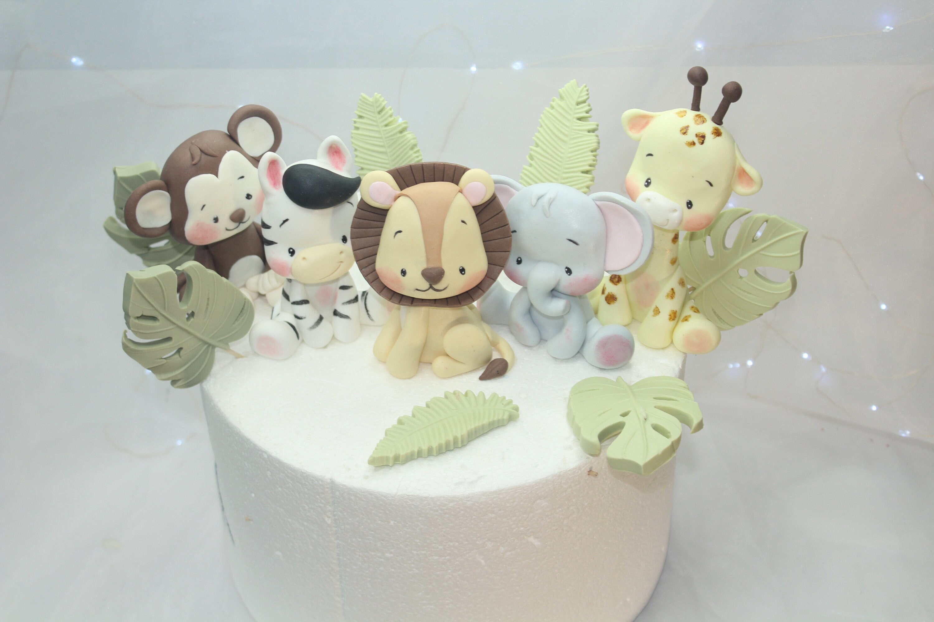 Morofme 20 Pezzi Decorazioni Per Torta Safari Giungla, Figurine Animali Leone Giraffa Elefante Zebra, Foglie Oro E Eucalipto, Per Feste A Tema