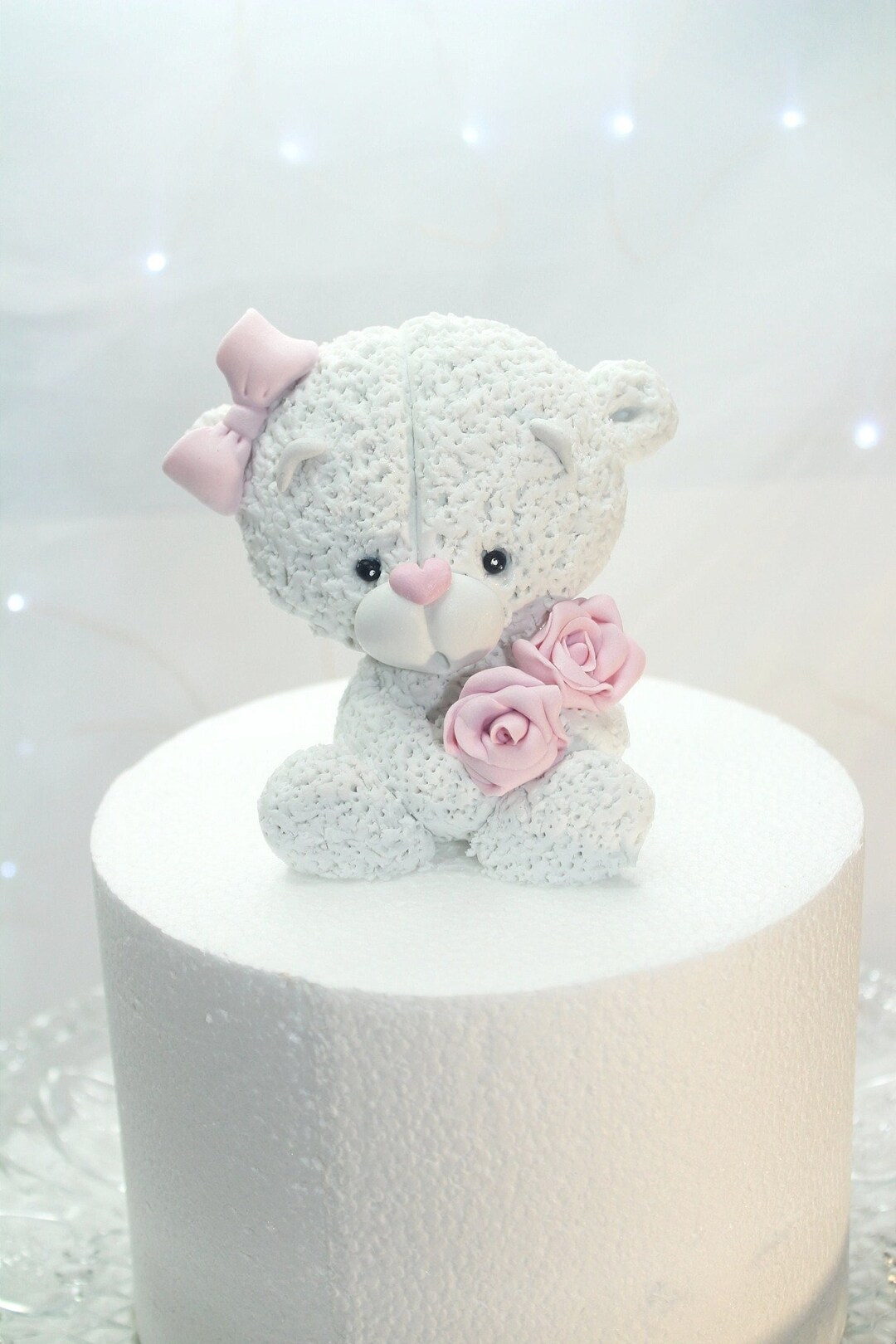 Teddy Bear Figure With a Pink Bow and Flowers in Fondant Cake Topper ...