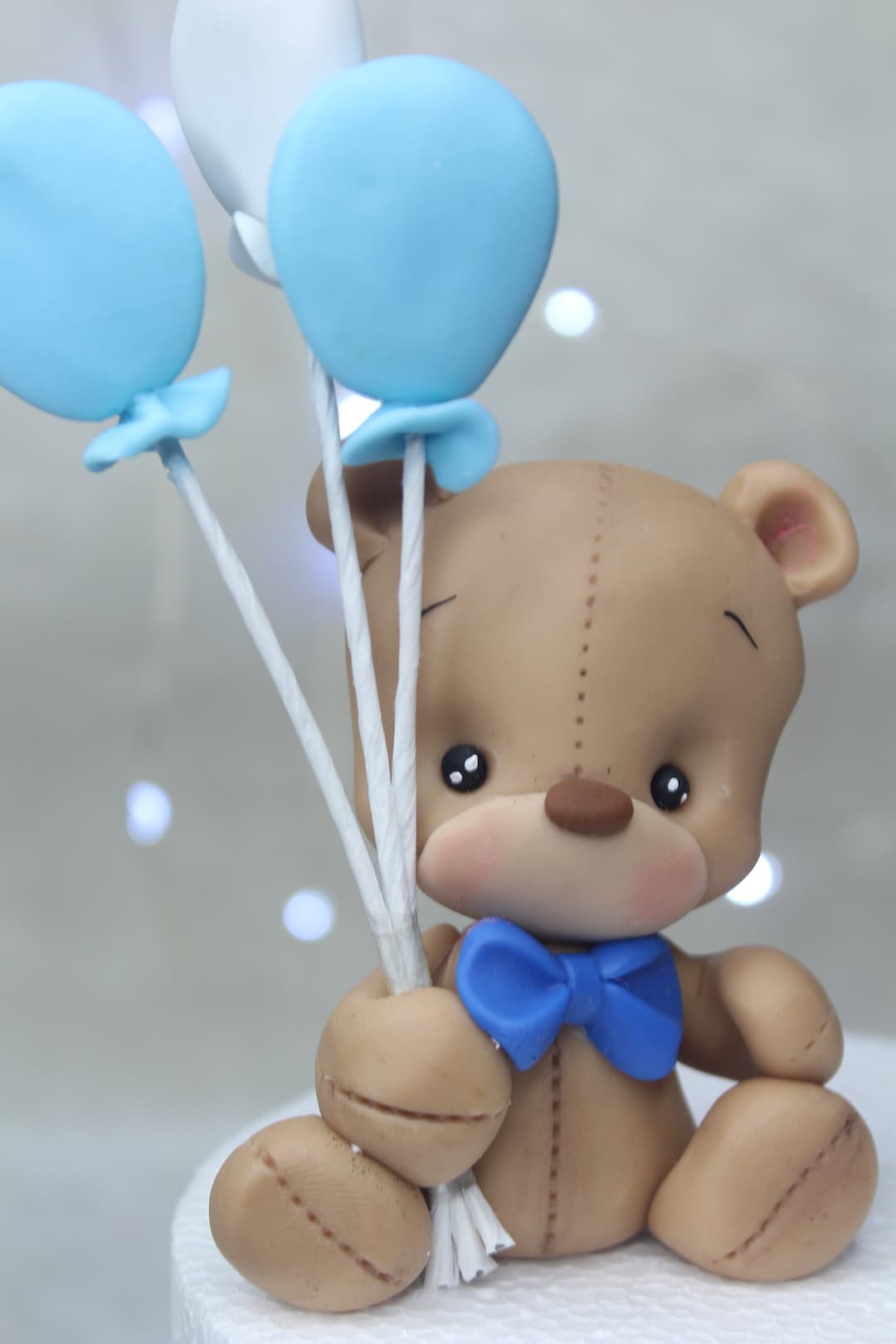 Brown Teddy Bear Cake Topper With a Blue Bow Tie With Birthday Balloons ...