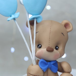 Brown Teddy Bear Cake Topper With a Blue Bow Tie With Birthday Balloons ...