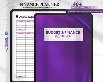 May include: A purple digital planner with the text "BUDGET & FINANCE planner" on the cover. The planner is compatible with most annotation apps and includes 40+ hyperlinked pages.