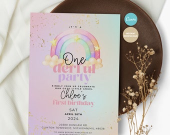 Pode incluir: Um convite rosa e azul com um arco-íris e nuvens. Diz "It's a One derful party" e "Chloe's first birthday". A data é sábado, 20 de abril de 2024. O endereço é 20380 Dunham Rd, Clinton Township, Michigan (MI), 48038. RSVP antes de 1 de março para markrsvp@gmail.com.